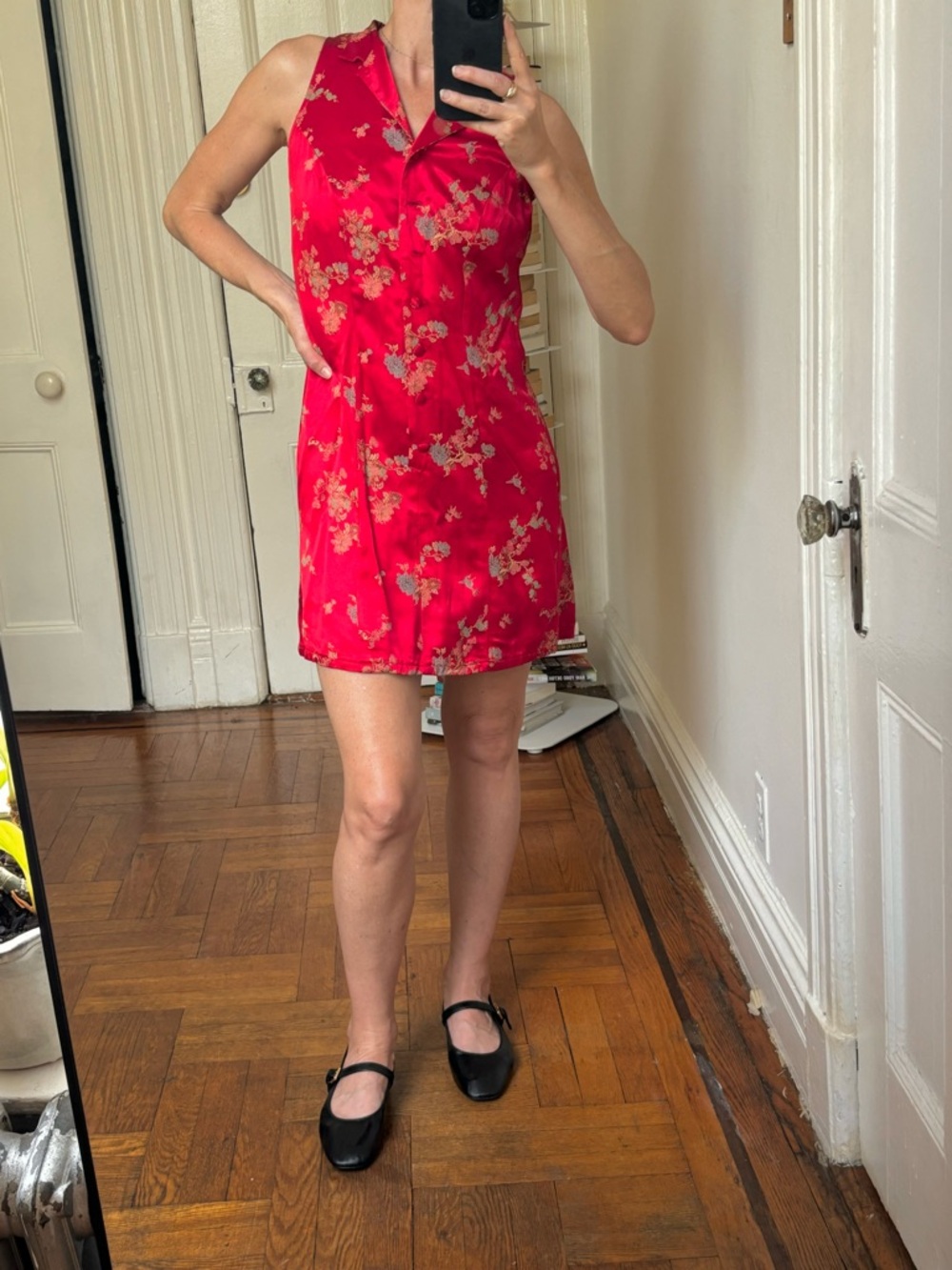 Vintage Red Floral Satin Sleeveless Mini Dress